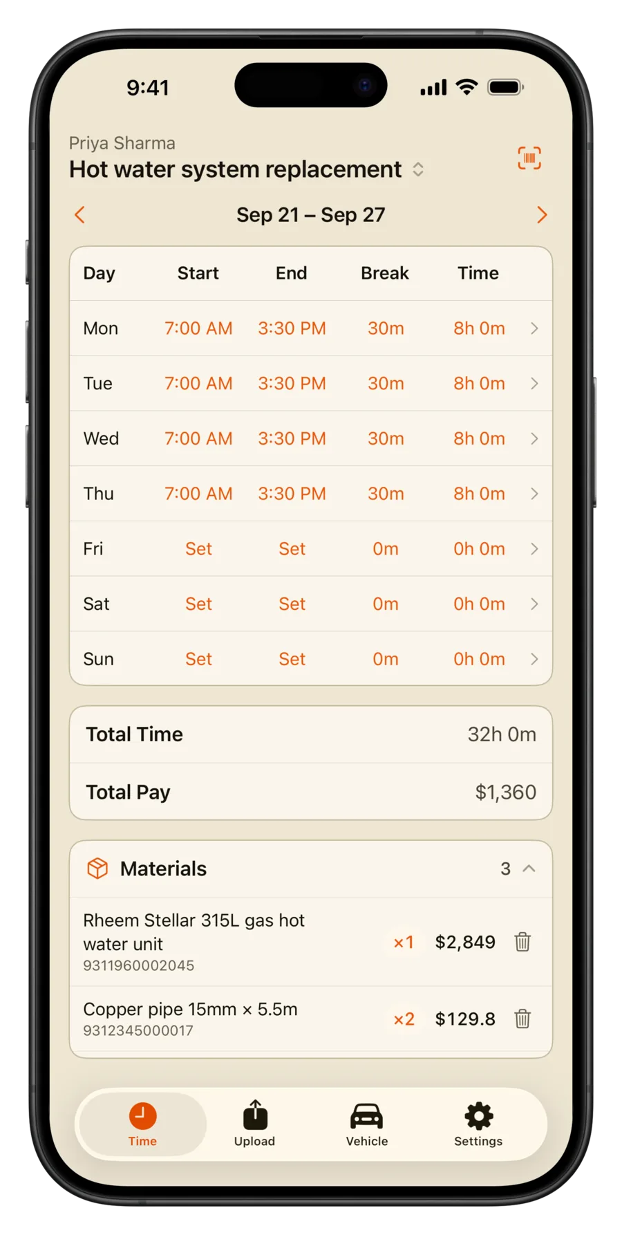 Phone timesheet for a hot water job: the week's hours, total pay, and materials.